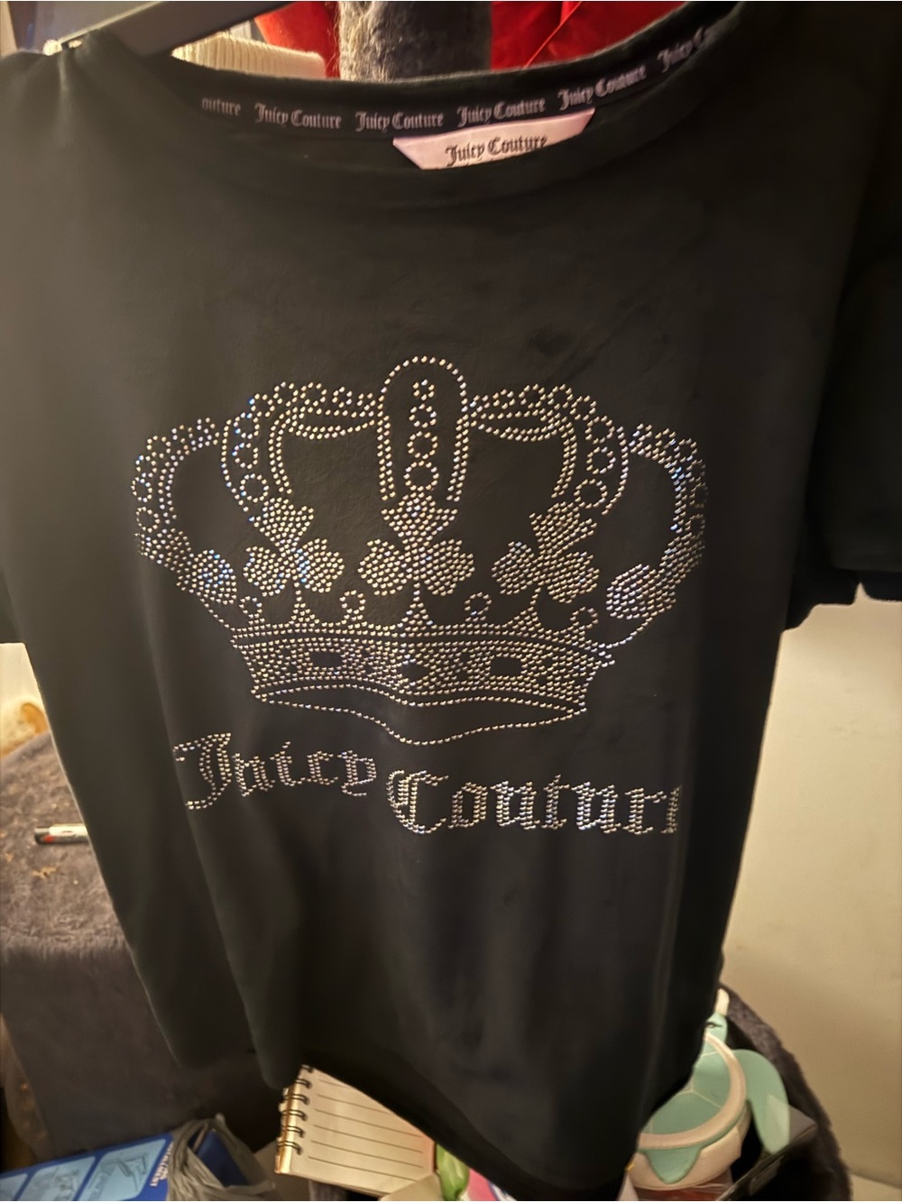 Juicy Couture Black Short Sleeve Tee with Rhinestone Crown